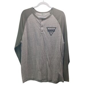 Express Mens XL Henley Shirt Gray Olive Green Long Sleeve Raglan Graphic Logo